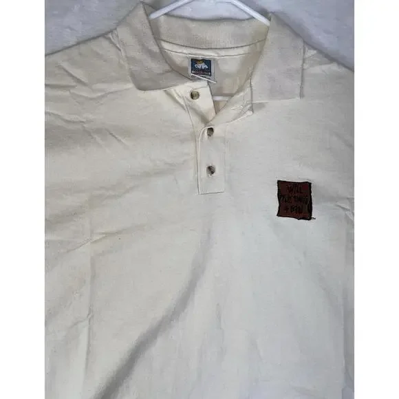 Vintage Will Play Tennis For Food Polo Shirt Mens Large Beige Made In USA Rare * - Picture 6 of 13